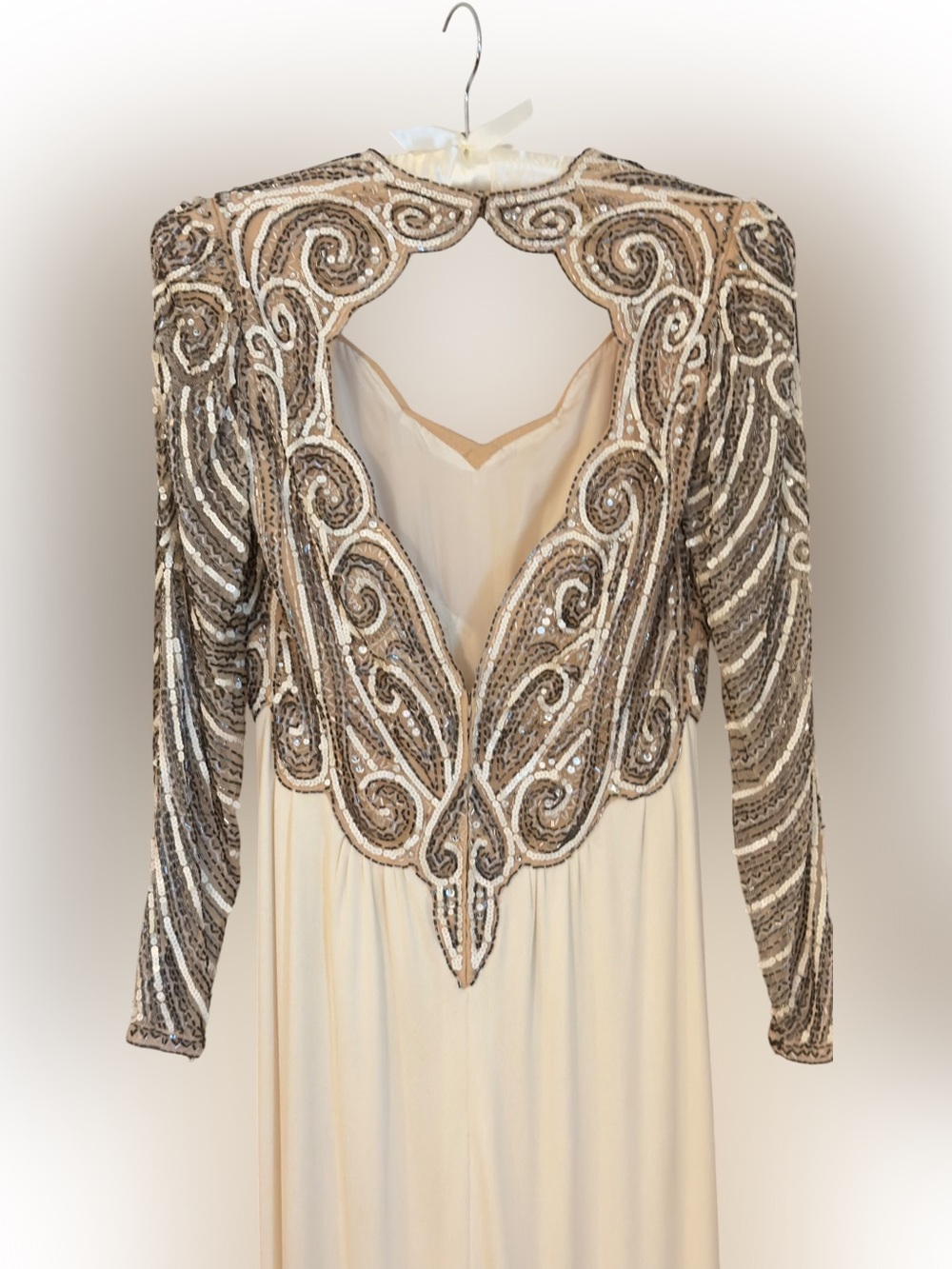 Vintage Ivory Gold Beaded Sequin Maxi Dress Long Sleeve Keyhole Formal Gown - Picture 5 of 11